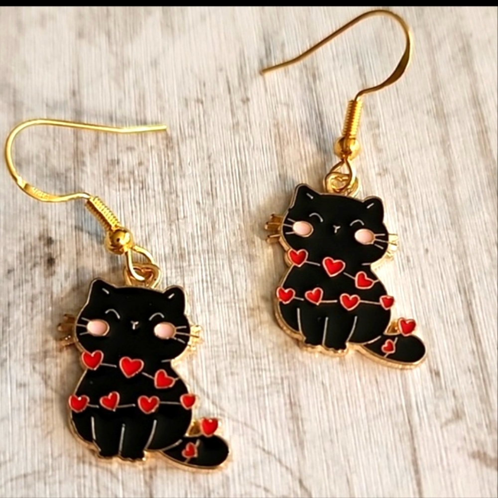 Love Heart Black Cat Earrings EO